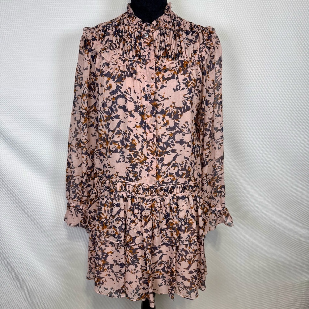 Joie Silk Floral Ruffle Dress Size 4 Pink Long Sleeve Drop-Waist Tiered Mini